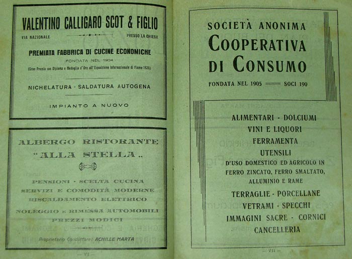 inserzione pubblicitaria alla edizione del 1931 della Storia di Lozzo di Cadore di Ezio Baldovin 