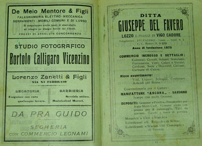 inserzione pubblicitaria alla edizione del 1931 della Storia di Lozzo di Cadore di Ezio Baldovin 
