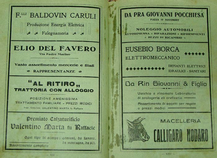 inserzione pubblicitaria alla edizione del 1931 della Storia di Lozzo di Cadore di Ezio Baldovin 